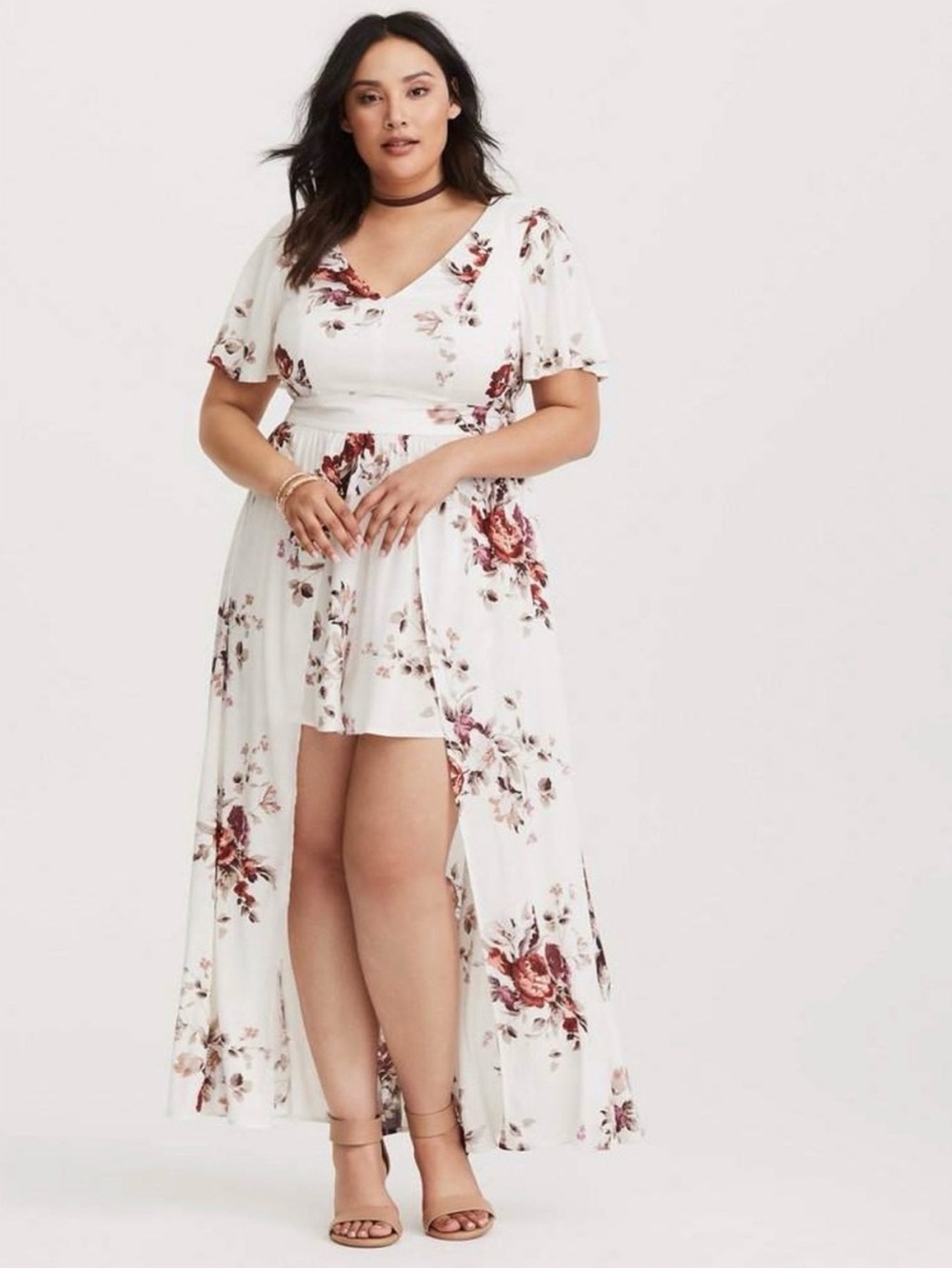 Torrid Ivory Floral Challis Overskirt Romper - Size 16
